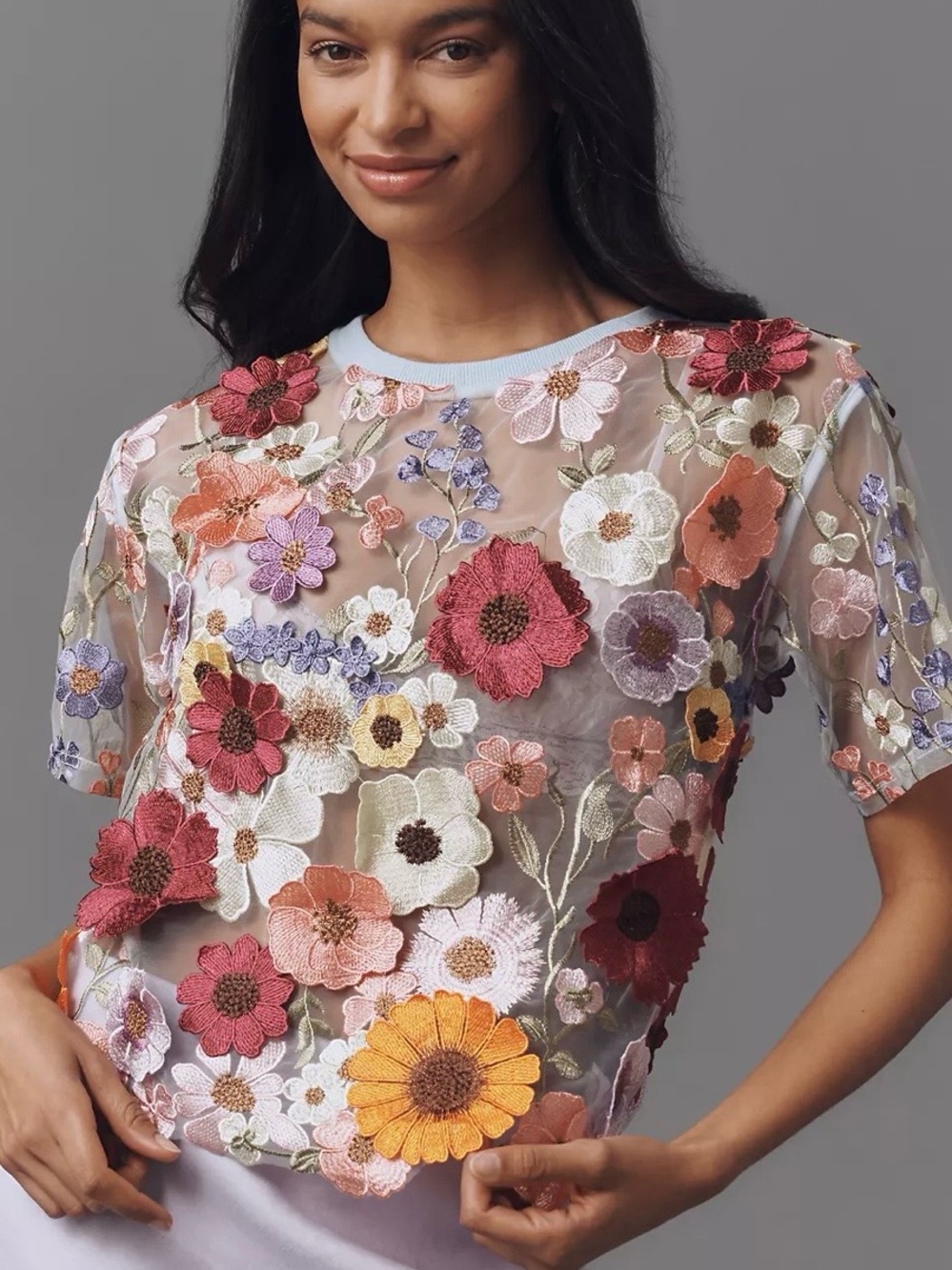 Dolan Anthropologie Left Coast Sheer 3D Floral Appliqué Top Shirt Size Small